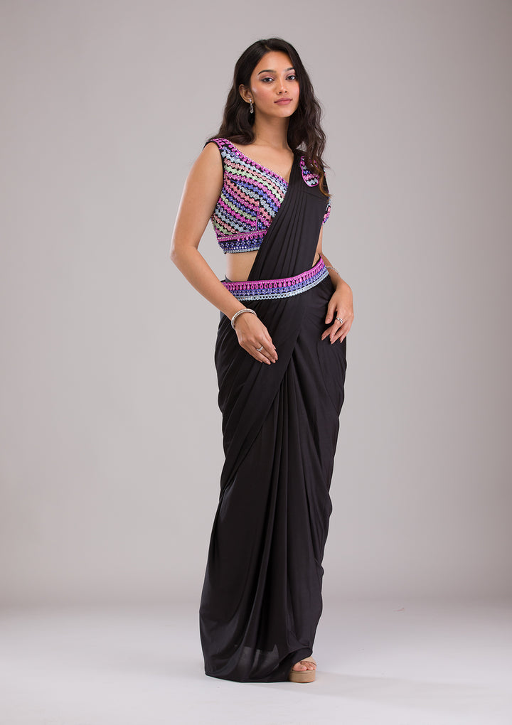 Black Threadwork Satin Readymade Saree