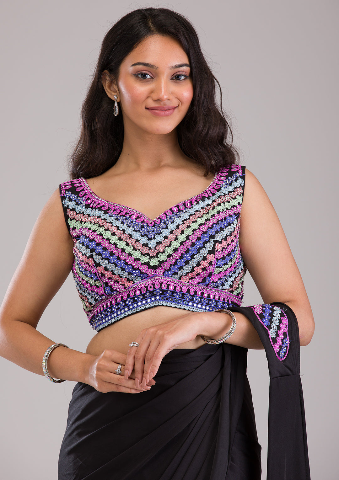 Black Threadwork Satin Readymade Saree