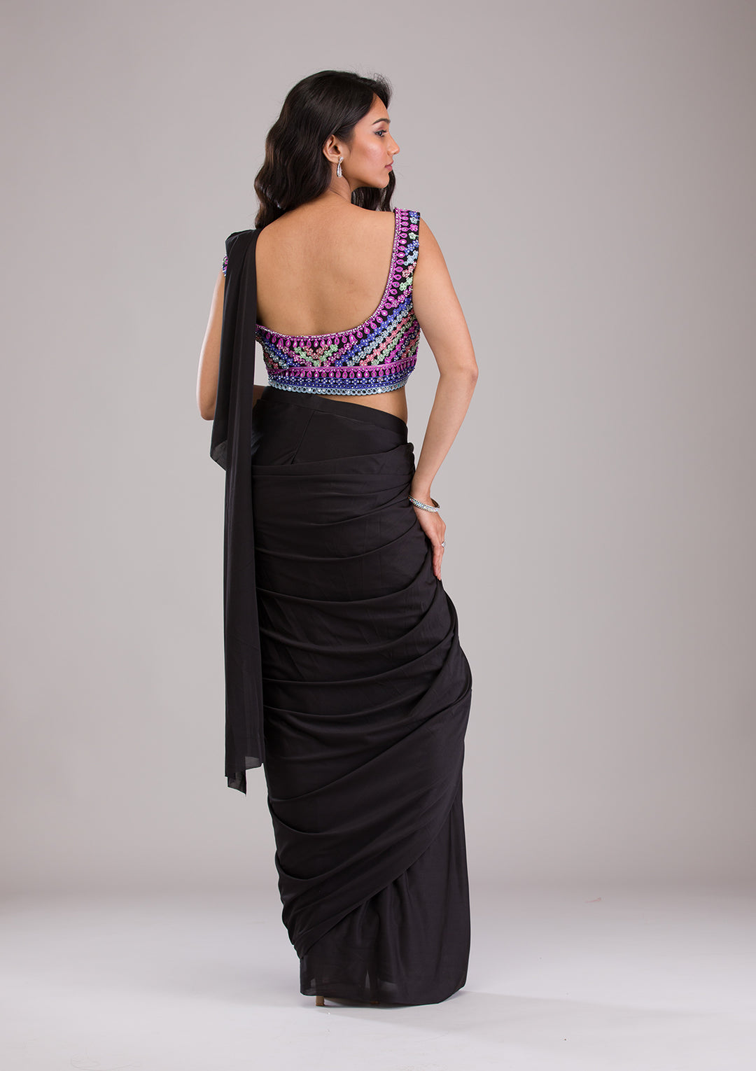 Black Threadwork Satin Readymade Saree