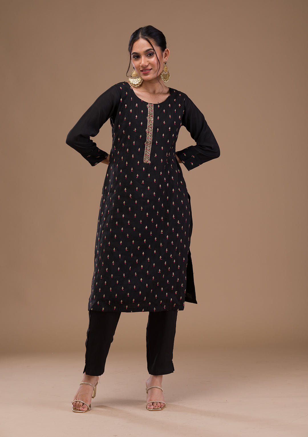 Black Threadwork Semi Crepe Readymade Salwar Suit