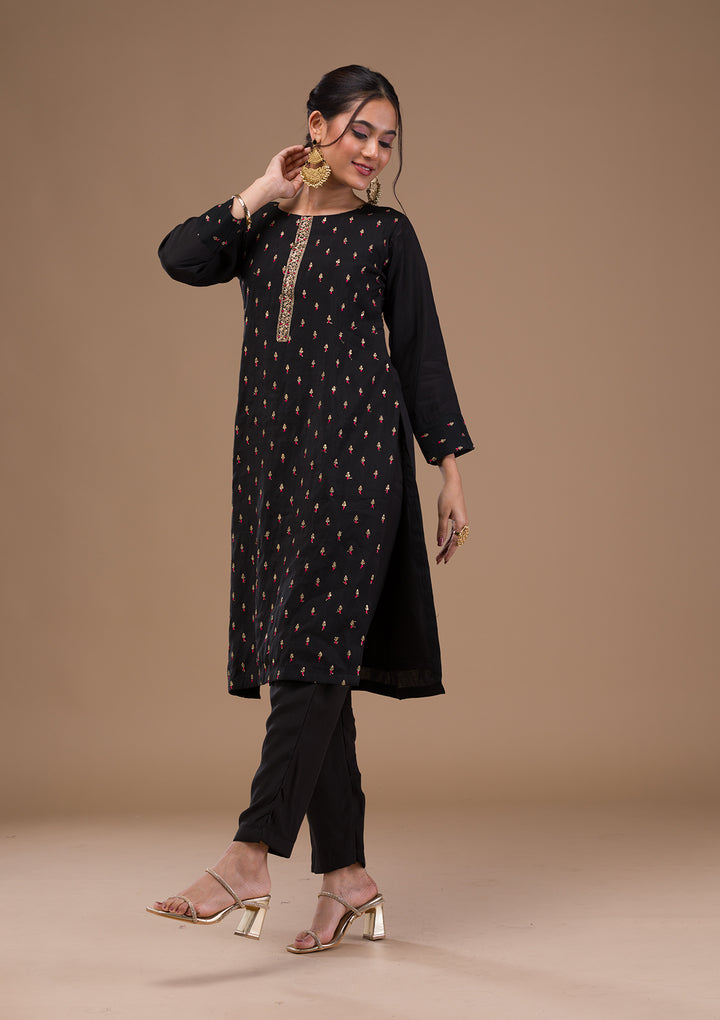 Black Threadwork Semi Crepe Readymade Salwar Suit