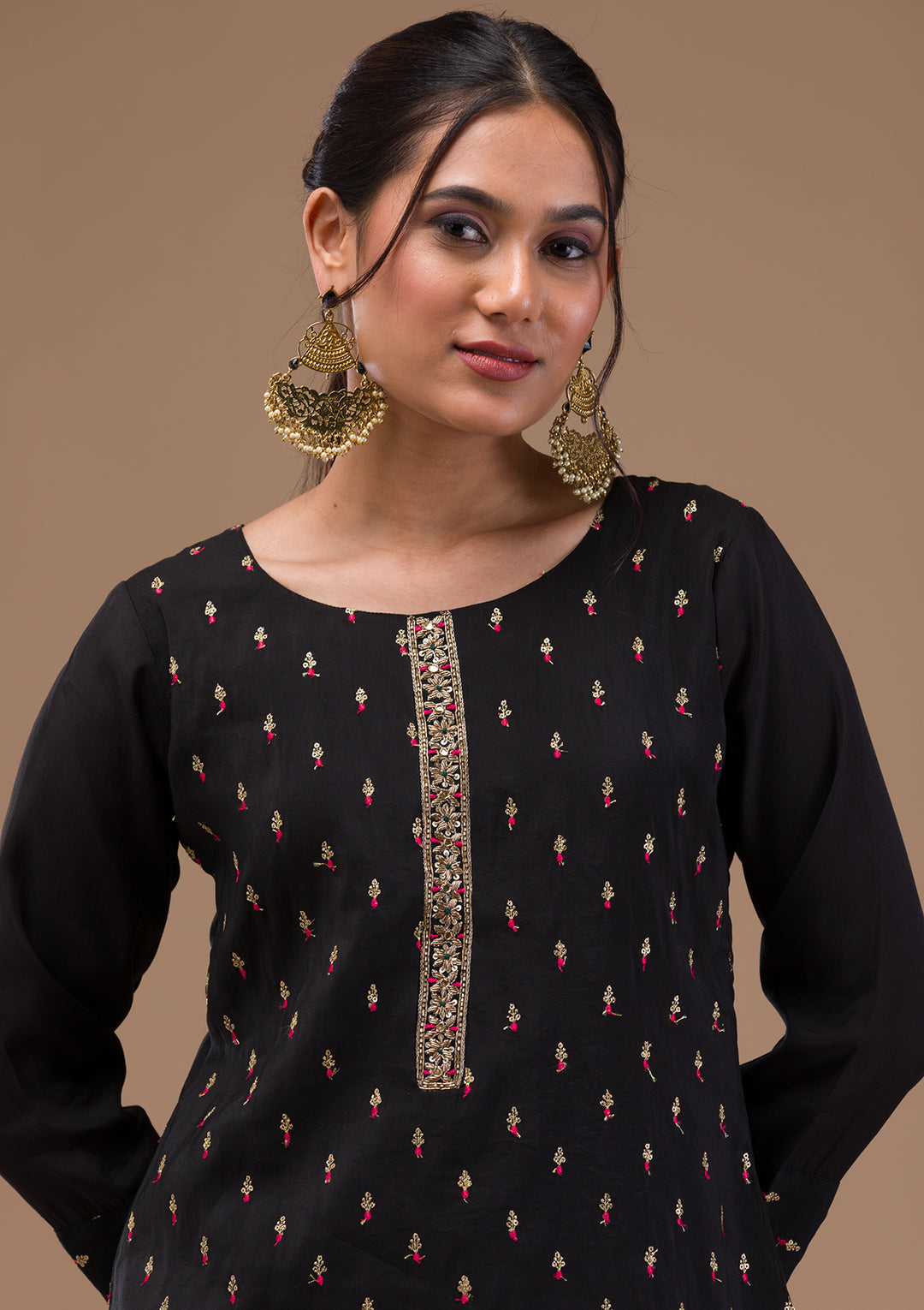 Black Threadwork Semi Crepe Readymade Salwar Suit