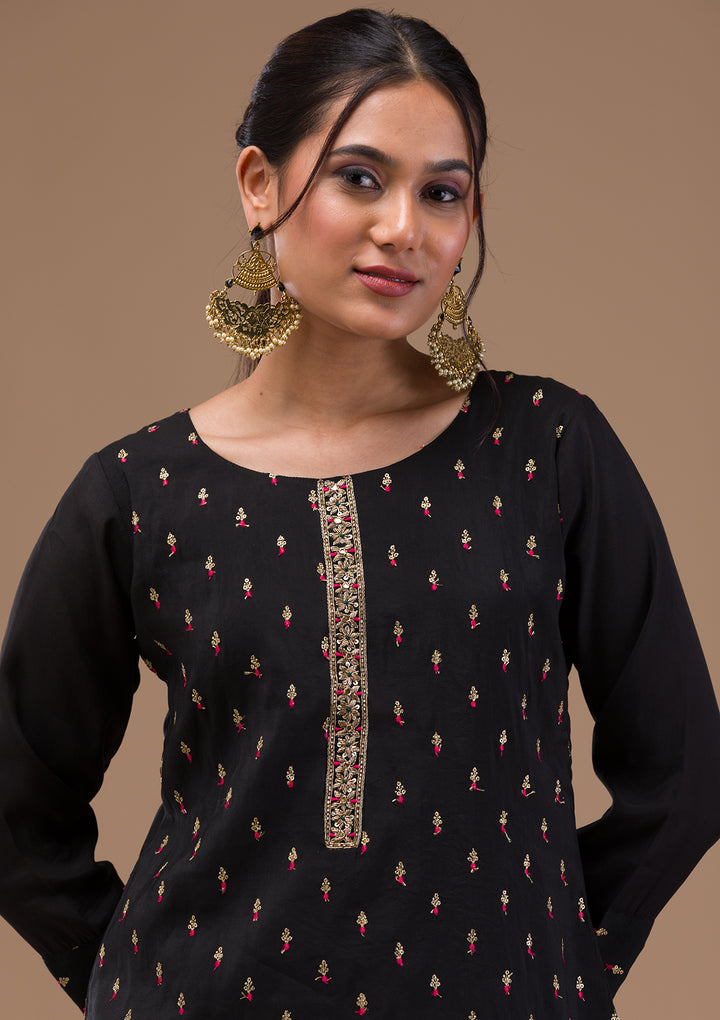 Black Threadwork Semi Crepe Readymade Salwar Suit