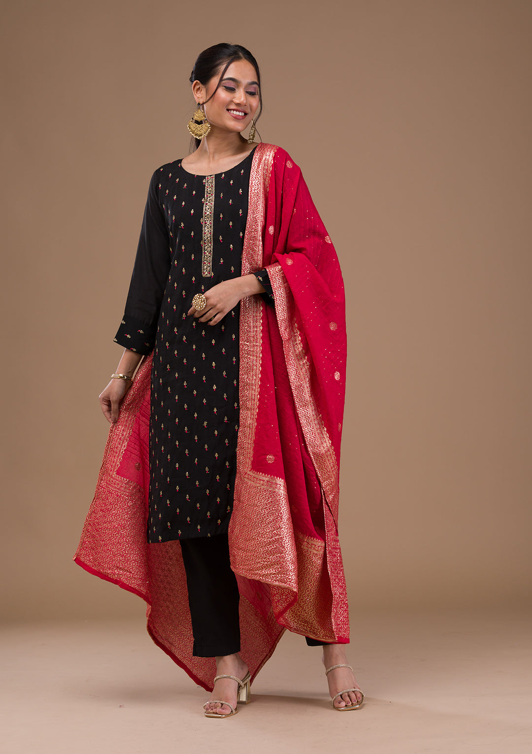 Black Threadwork Semi Crepe Readymade Salwar Suit