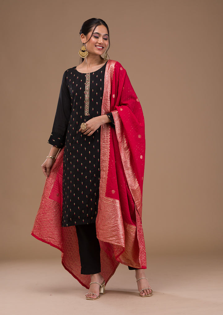Black Threadwork Semi Crepe Readymade Salwar Suit