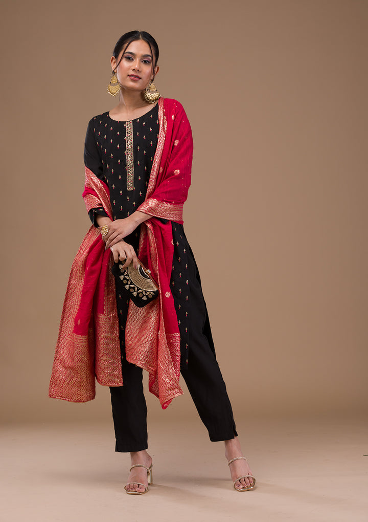 Black Threadwork Semi Crepe Readymade Salwar Suit