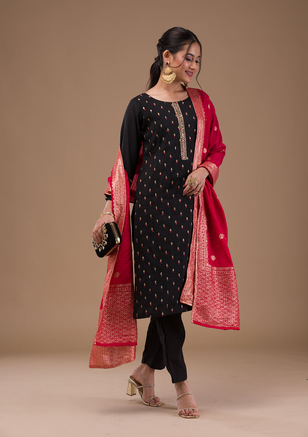Black Threadwork Semi Crepe Readymade Salwar Suit