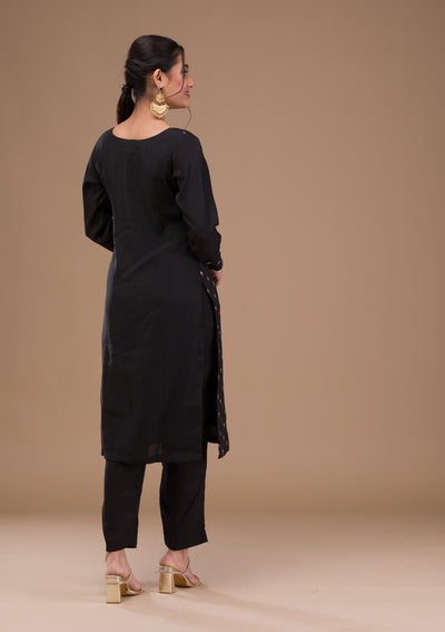 Black Threadwork Semi Crepe Readymade Salwar Suit