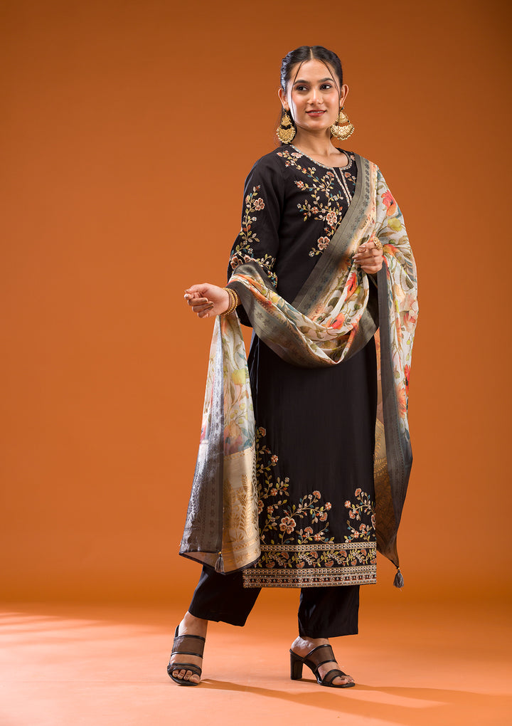 Black Threadwork Semi Crepe Readymade Salwar Suit
