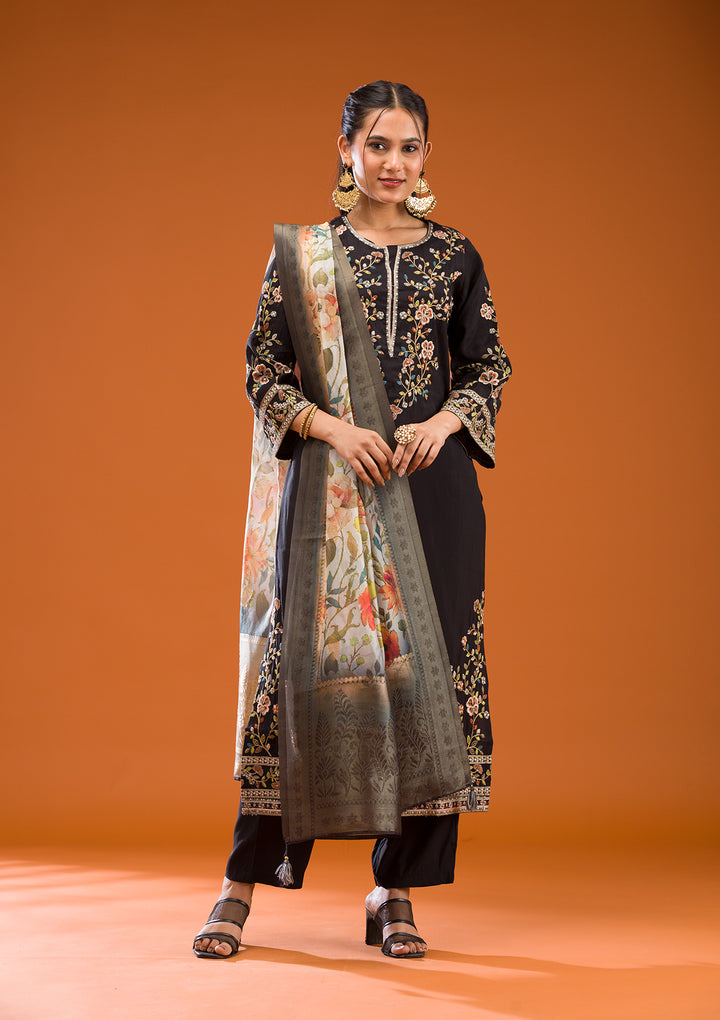 Black Threadwork Semi Crepe Readymade Salwar Suit