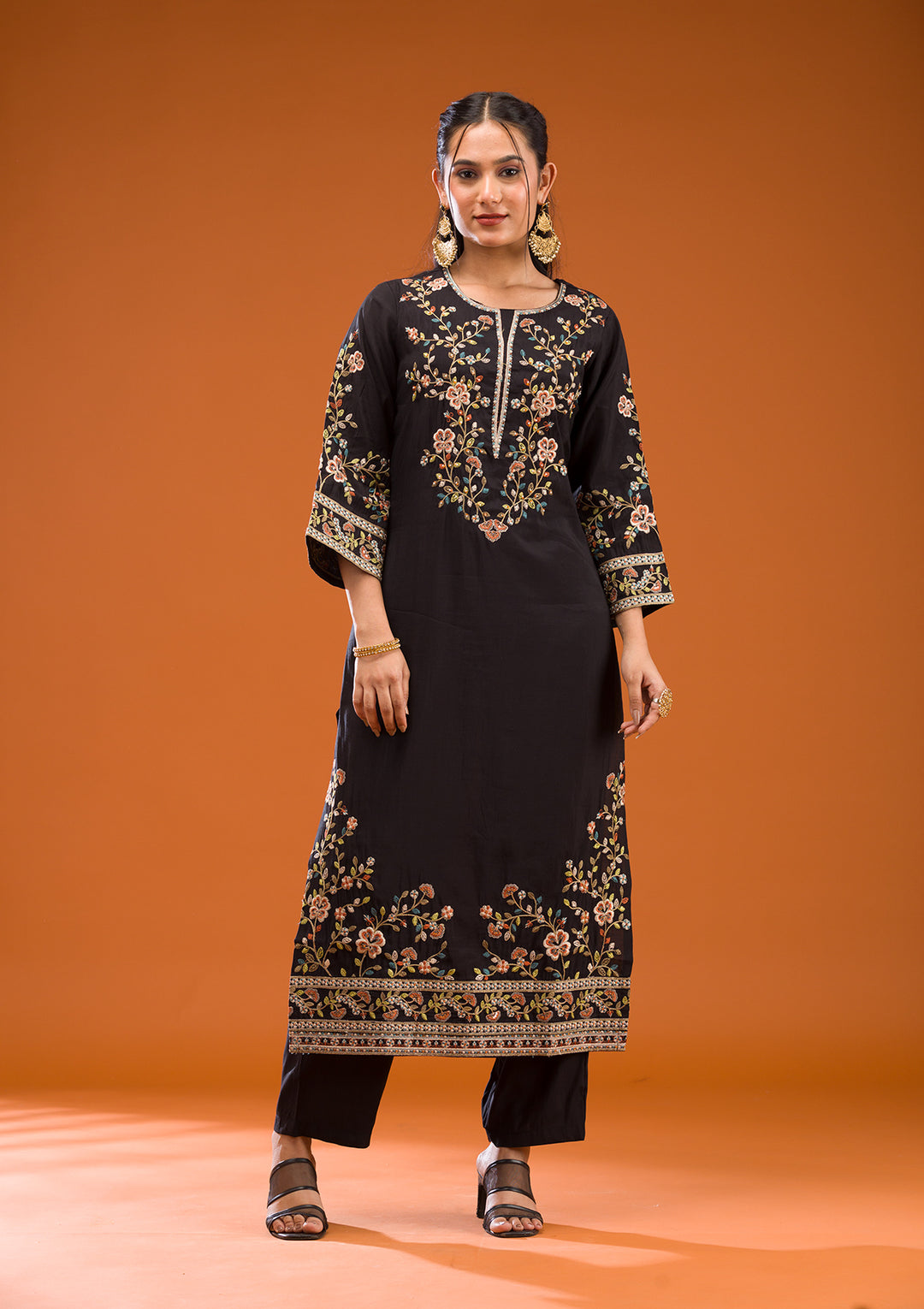 Black Threadwork Semi Crepe Readymade Salwar Suit