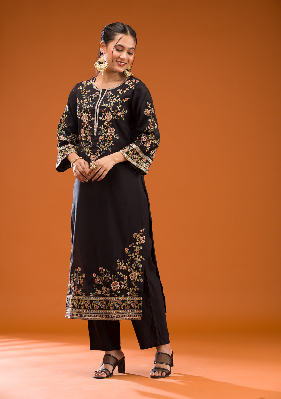 Black Threadwork Semi Crepe Readymade Salwar Suit