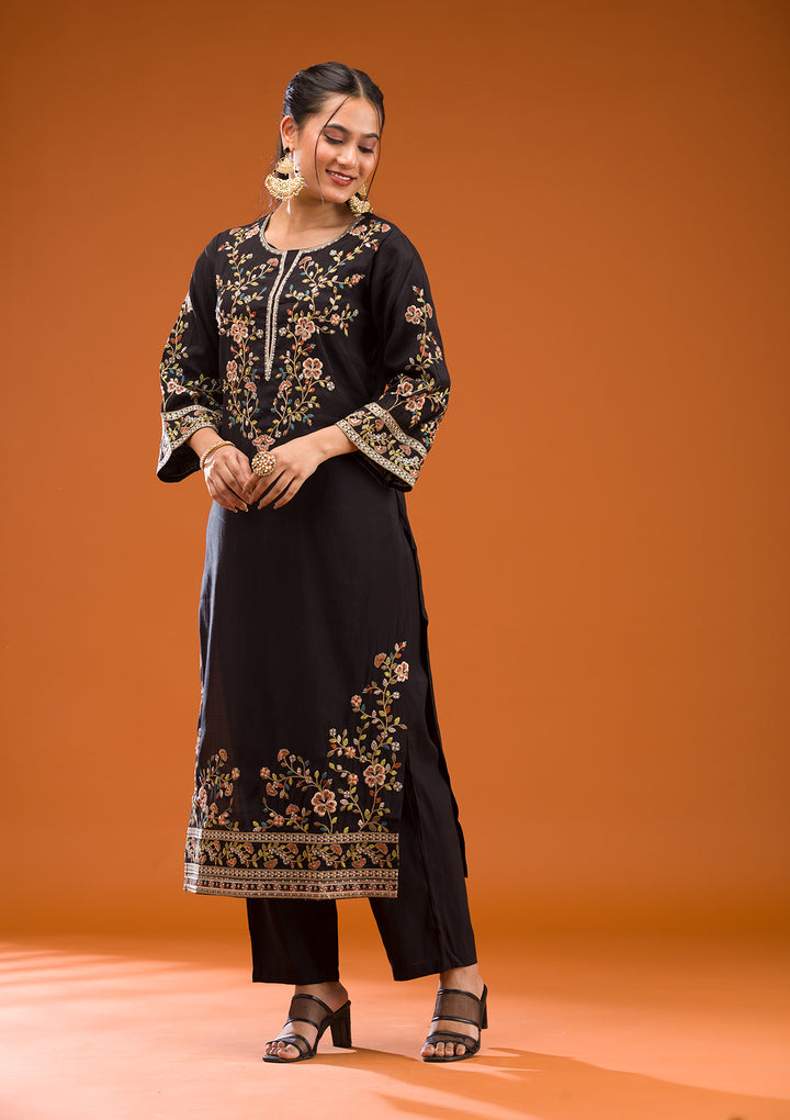 Black Threadwork Semi Crepe Readymade Salwar Suit