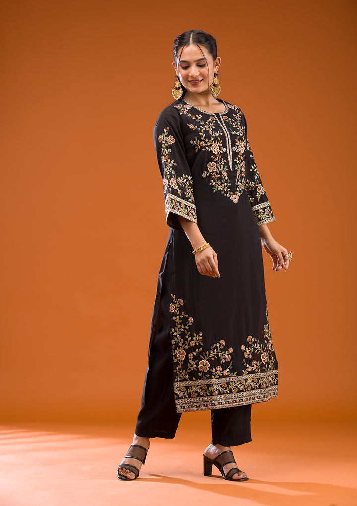 Black Threadwork Semi Crepe Readymade Salwar Suit