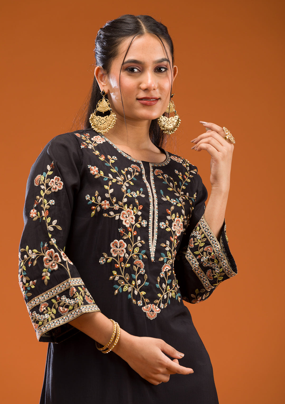 Black Threadwork Semi Crepe Readymade Salwar Suit