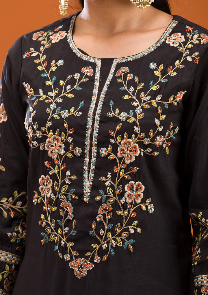 Black Threadwork Semi Crepe Readymade Salwar Suit