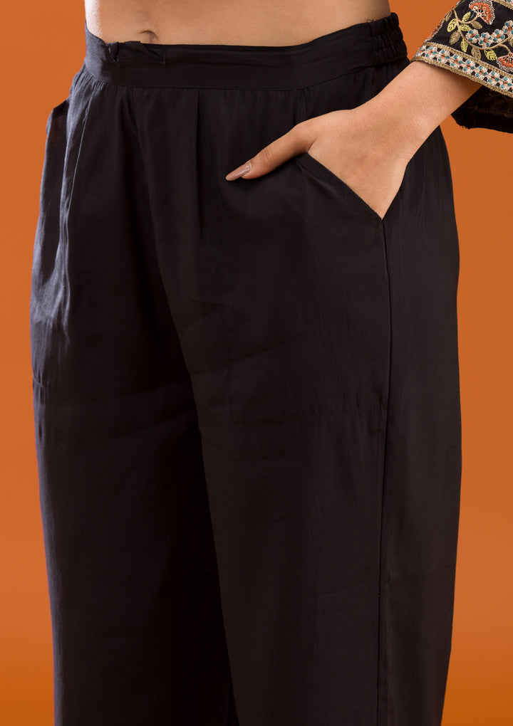 Black Threadwork Semi Crepe Readymade Salwar Suit