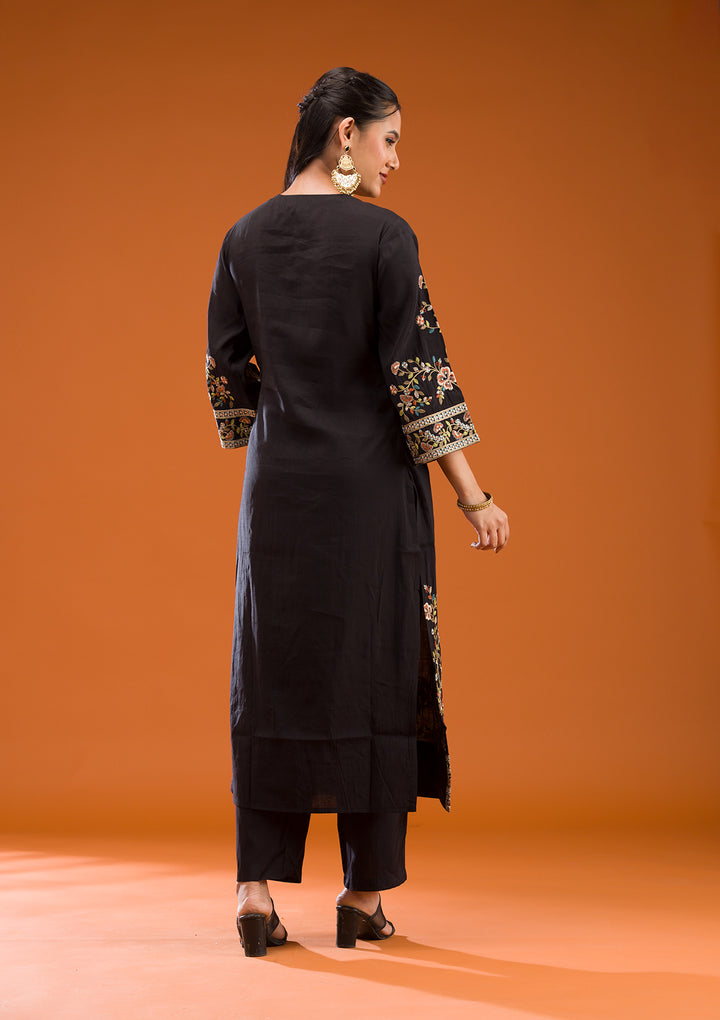 Black Threadwork Semi Crepe Readymade Salwar Suit