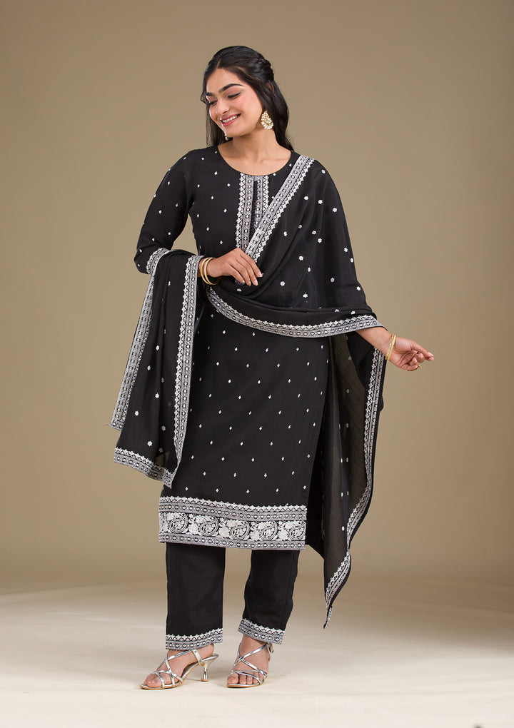 Black Threadwork Semi Crepe Readymade Salwar Suit
