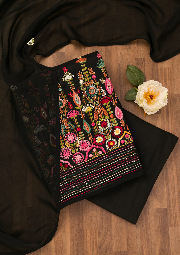 Black Threadwork Semi Crepe Unstitched Salwar Suit
