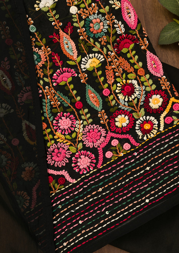 Black Threadwork Semi Crepe Unstitched Salwar Suit