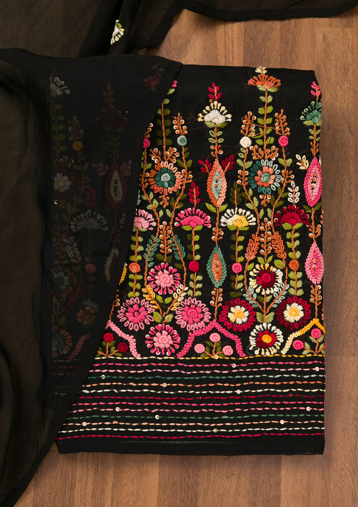 Black Threadwork Semi Crepe Unstitched Salwar Suit