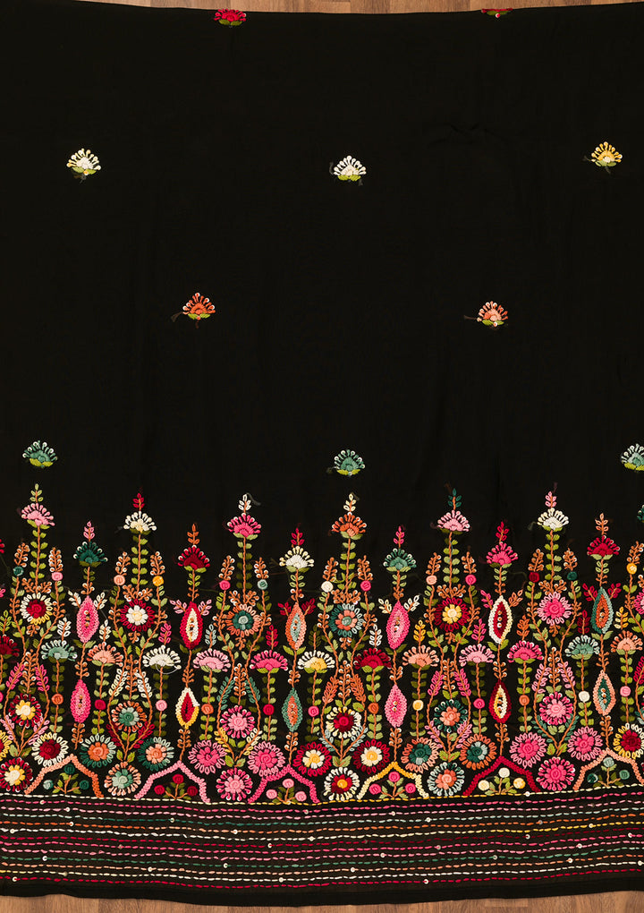 Black Threadwork Semi Crepe Unstitched Salwar Suit