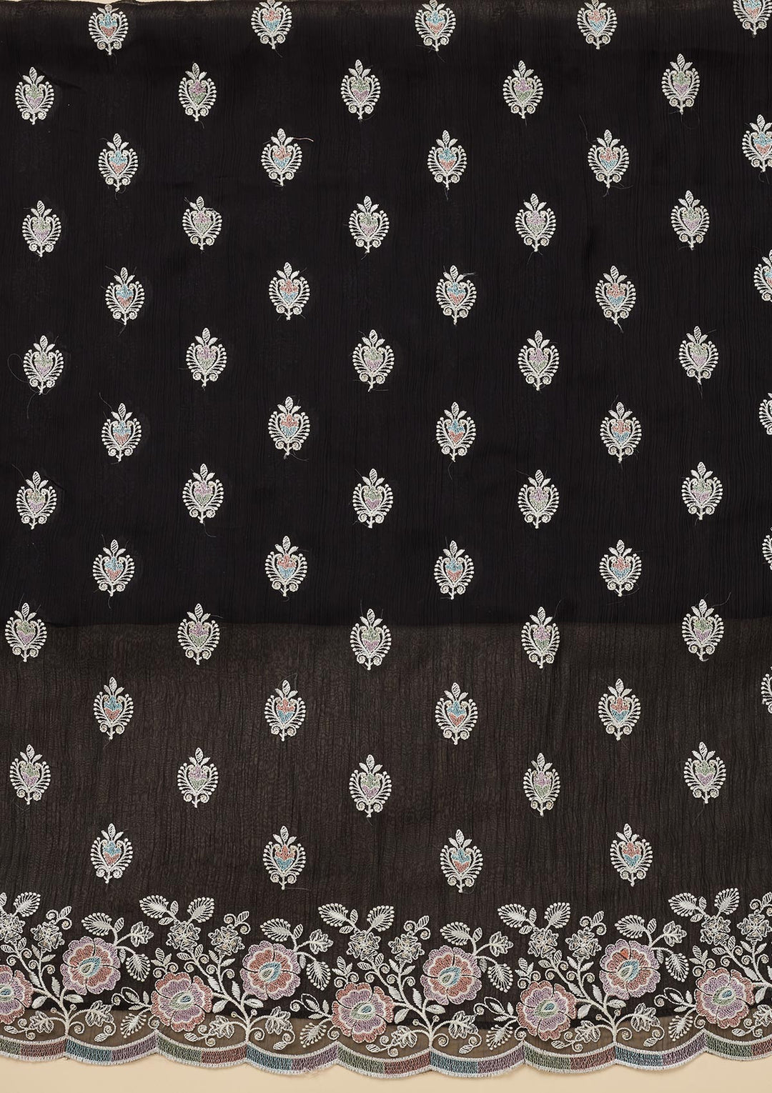 Black Threadwork Semi Crepe Unstitched Salwar Suit
