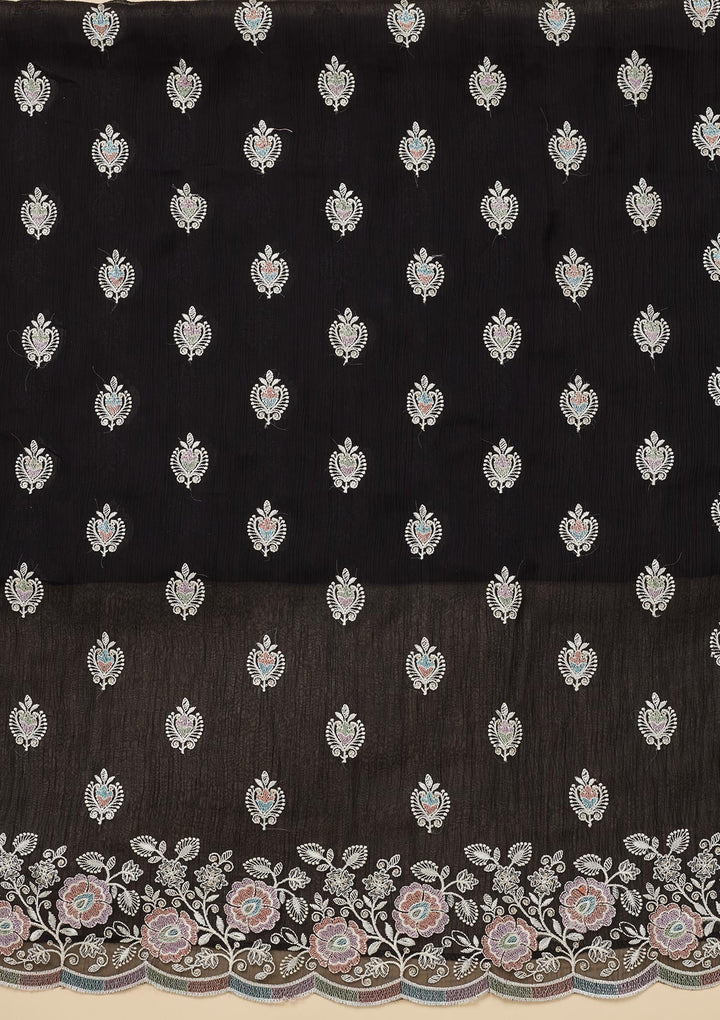 Black Threadwork Semi Crepe Unstitched Salwar Suit