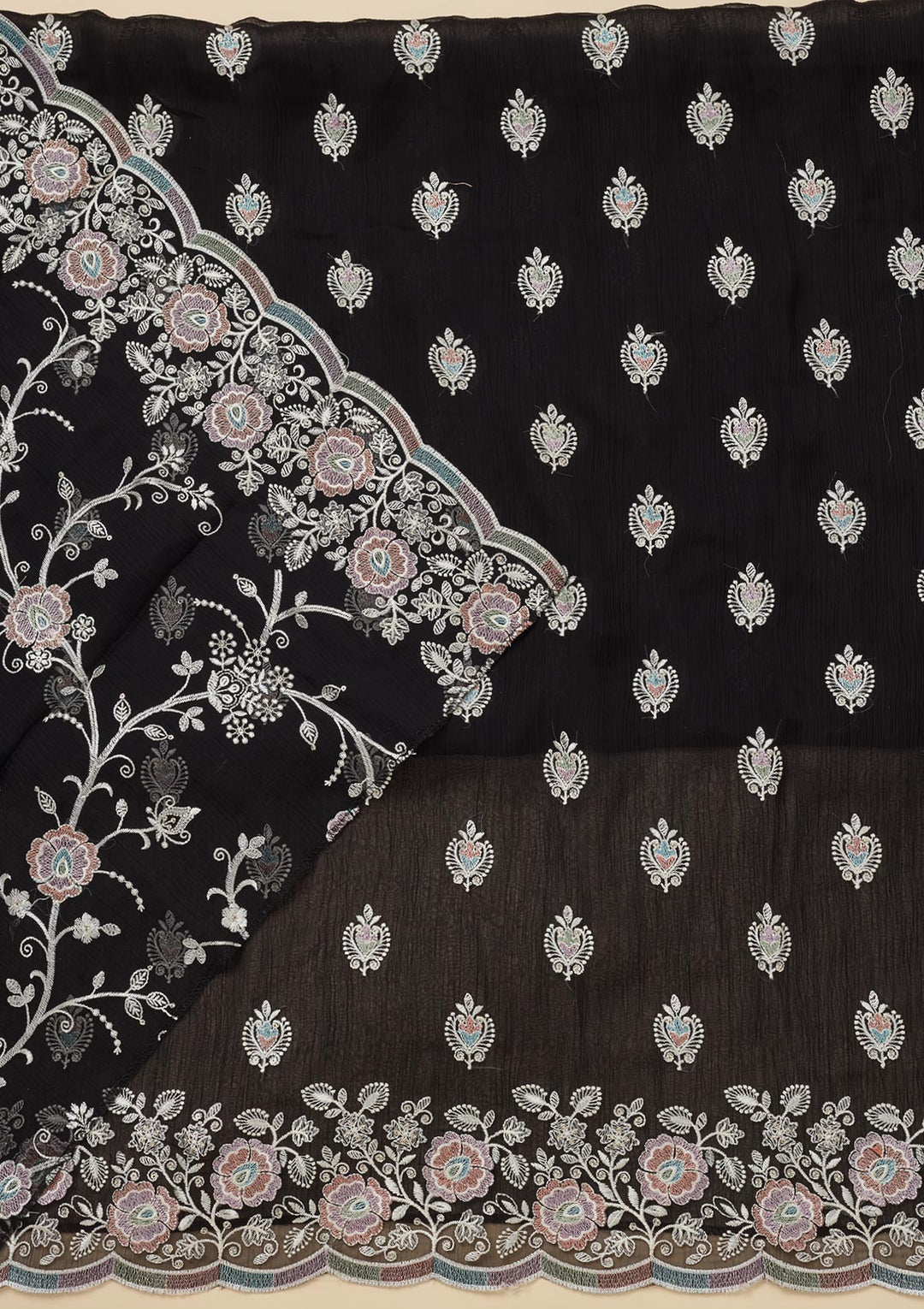 Black Threadwork Semi Crepe Unstitched Salwar Suit
