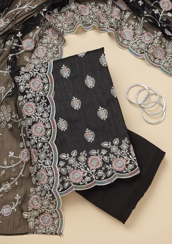 Black Threadwork Semi Crepe Unstitched Salwar Suit