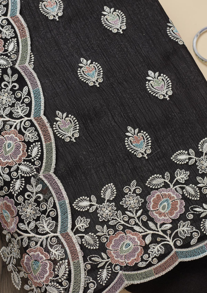 Black Threadwork Semi Crepe Unstitched Salwar Suit