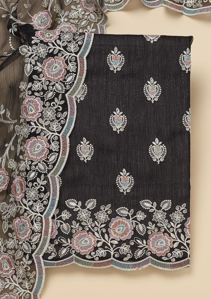 Black Threadwork Semi Crepe Unstitched Salwar Suit