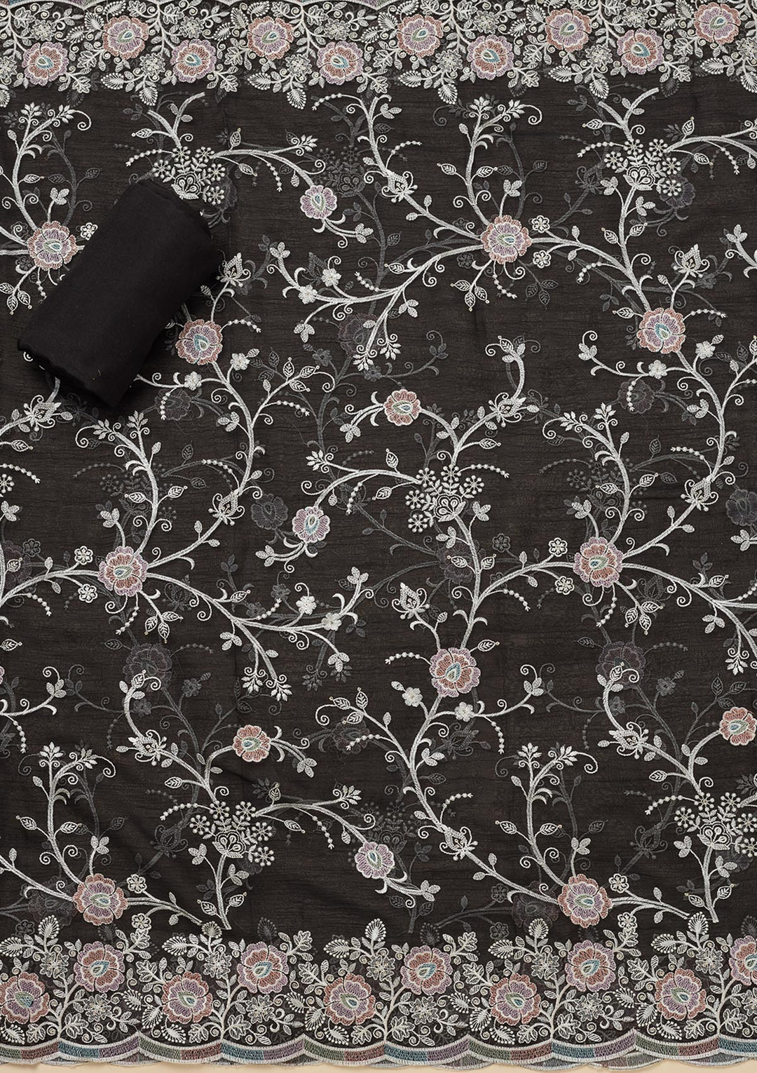 Black Threadwork Semi Crepe Unstitched Salwar Suit