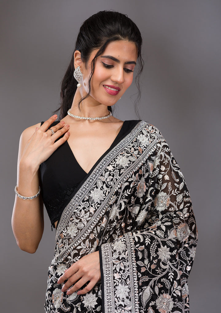 Black Threadwork Tissue Saree