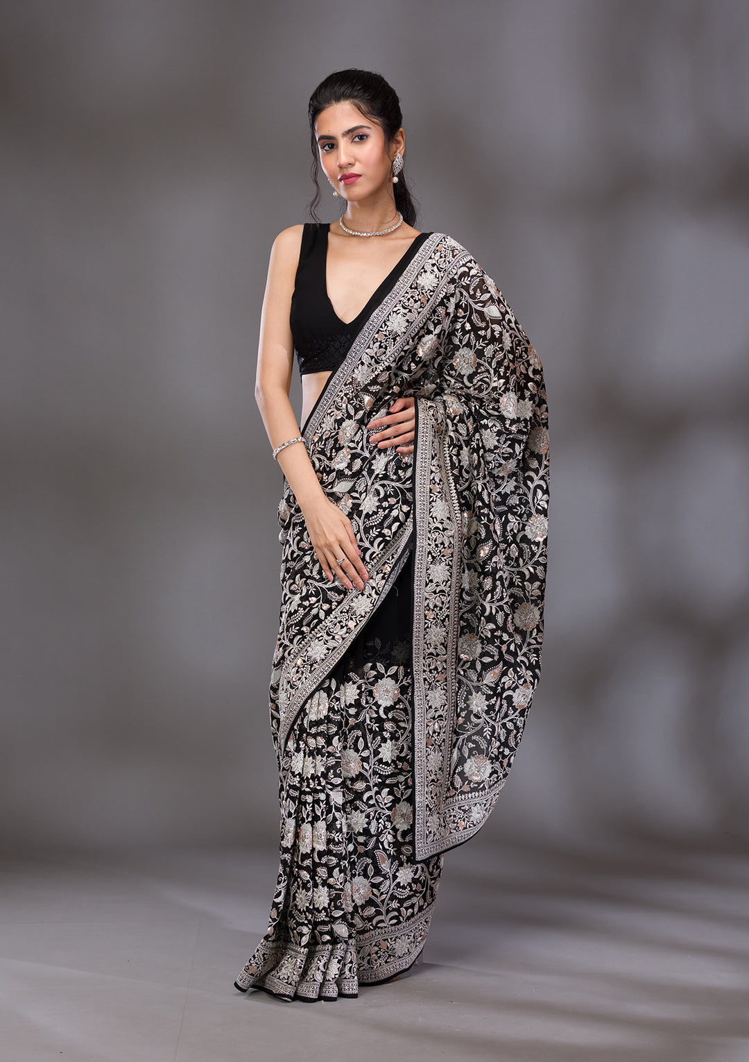 Black Threadwork Tissue Saree