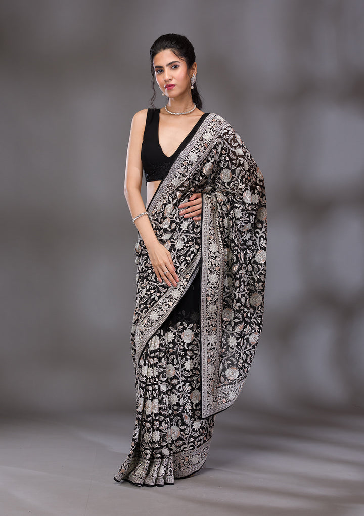 Black Threadwork Tissue Saree