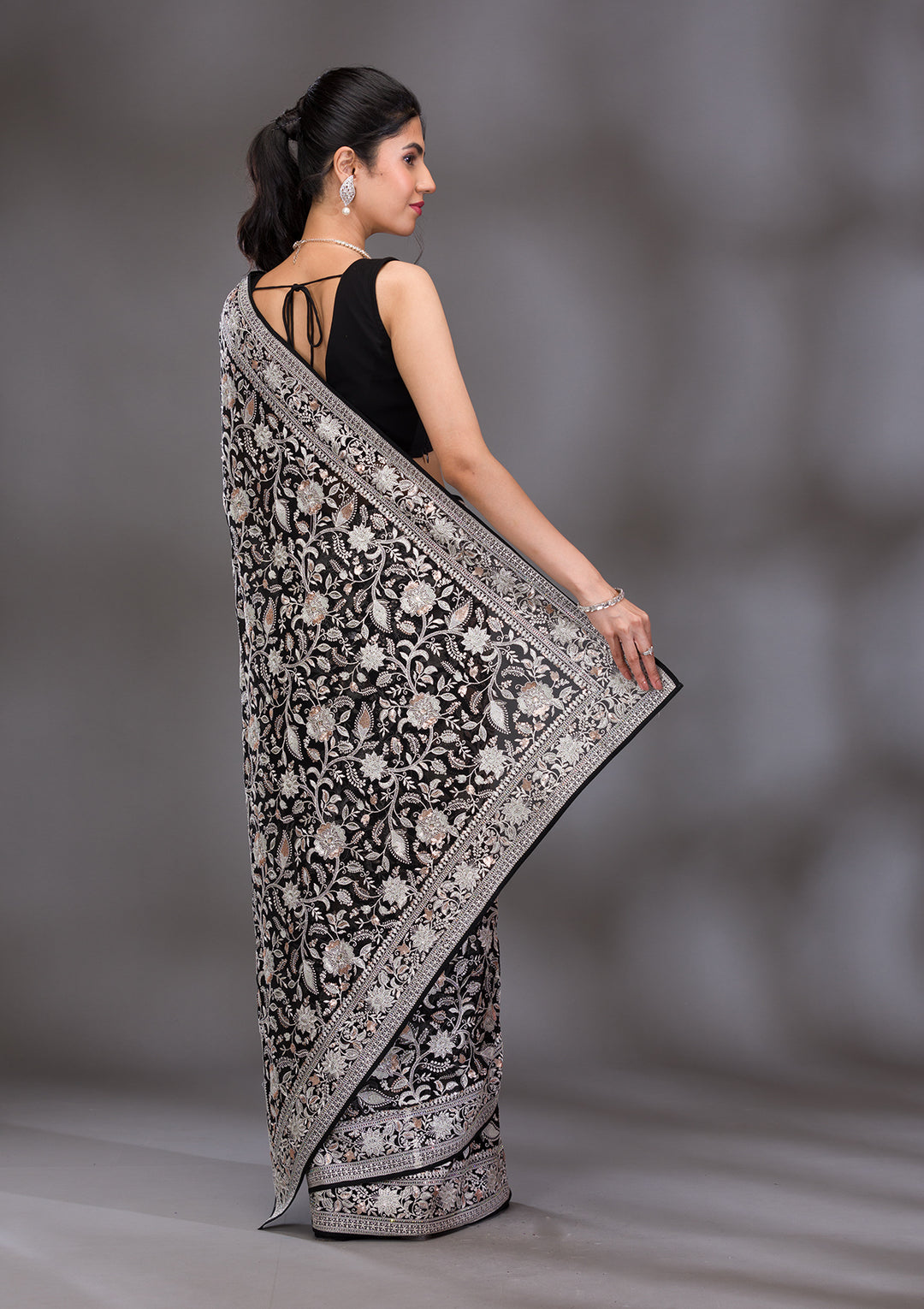 Black Threadwork Tissue Saree