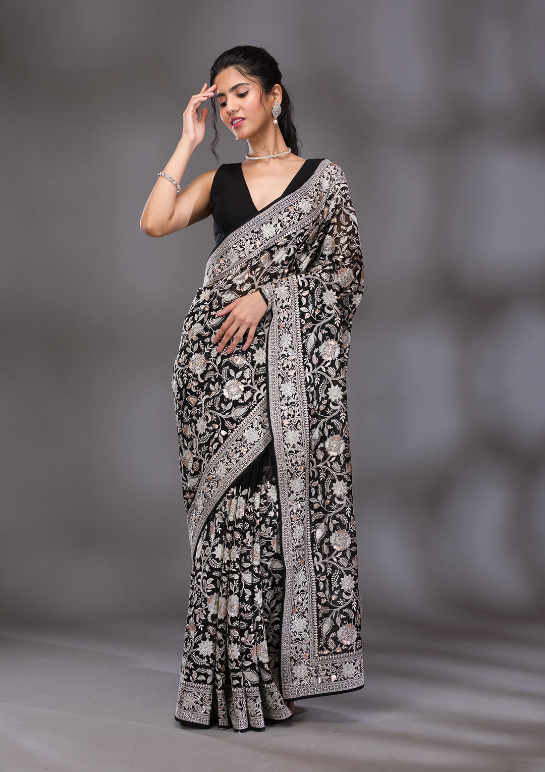 Black Threadwork Tissue Saree