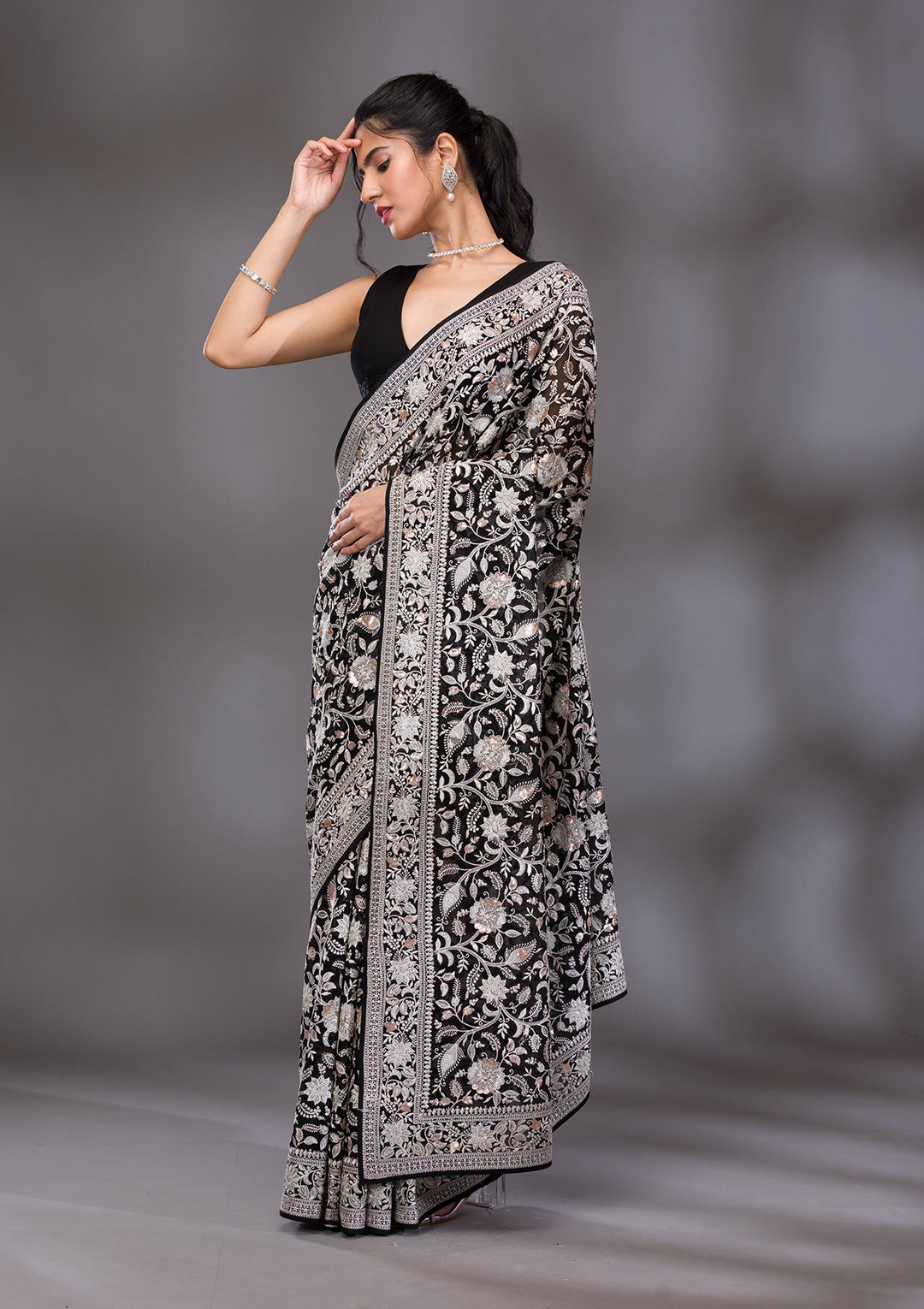 Black Threadwork Tissue Saree