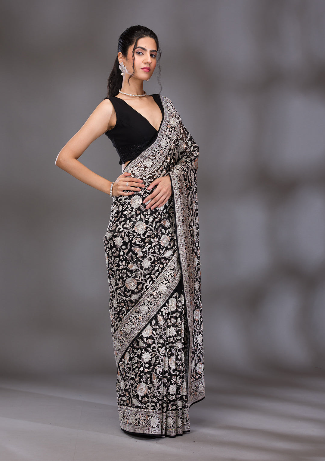Black Threadwork Tissue Saree