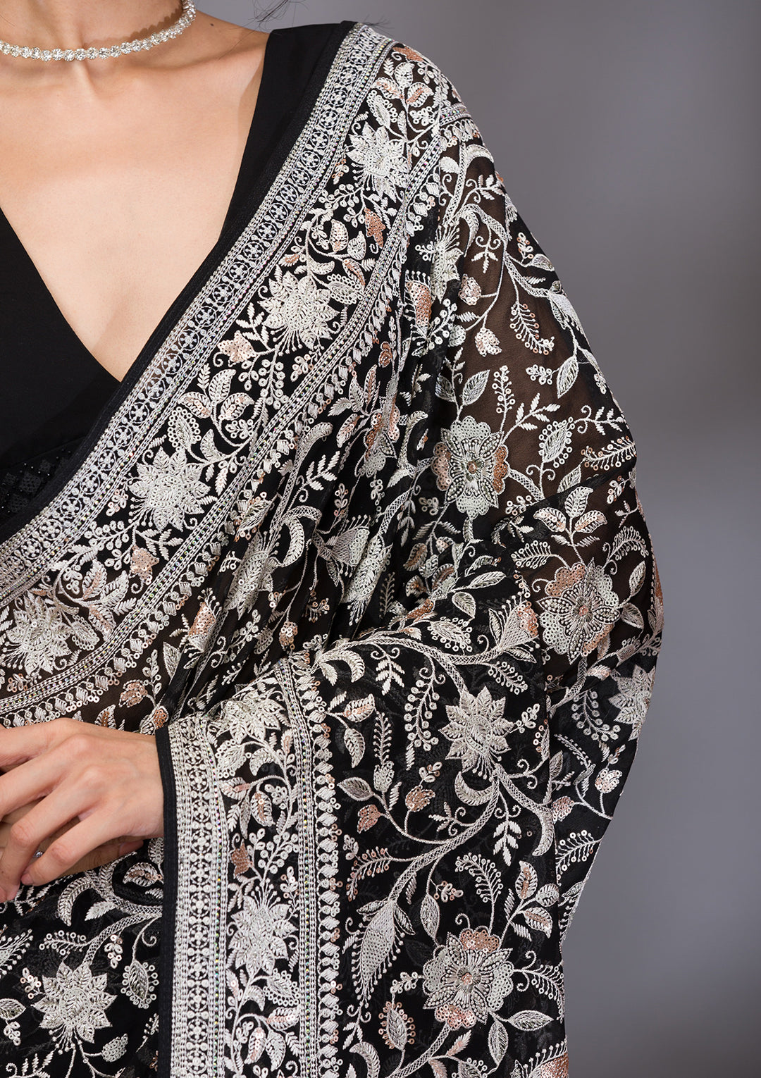 Black Threadwork Tissue Saree