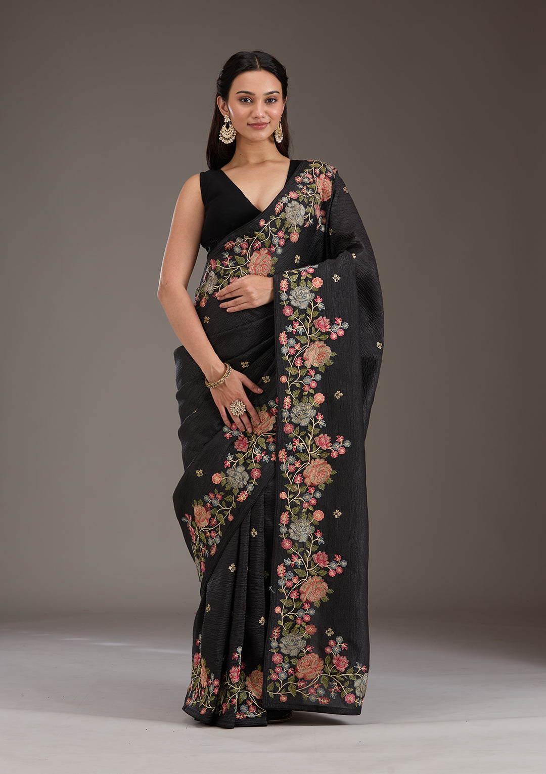 Black Threadwork Tissue Saree