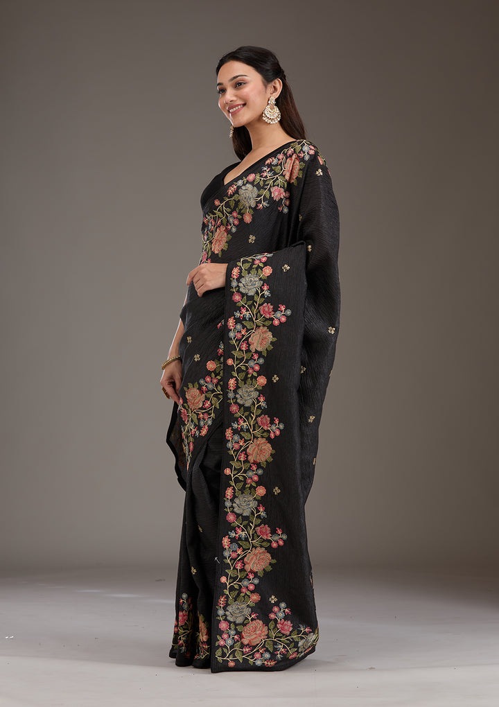 Black Threadwork Tissue Saree