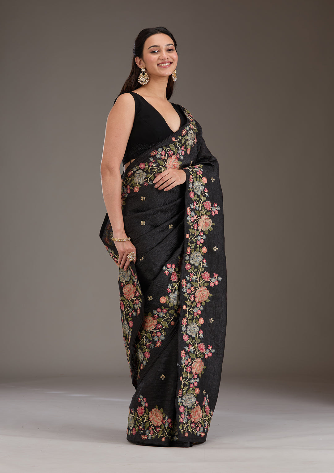 Black Threadwork Tissue Saree