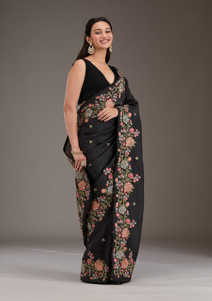 Black Threadwork Tissue Saree