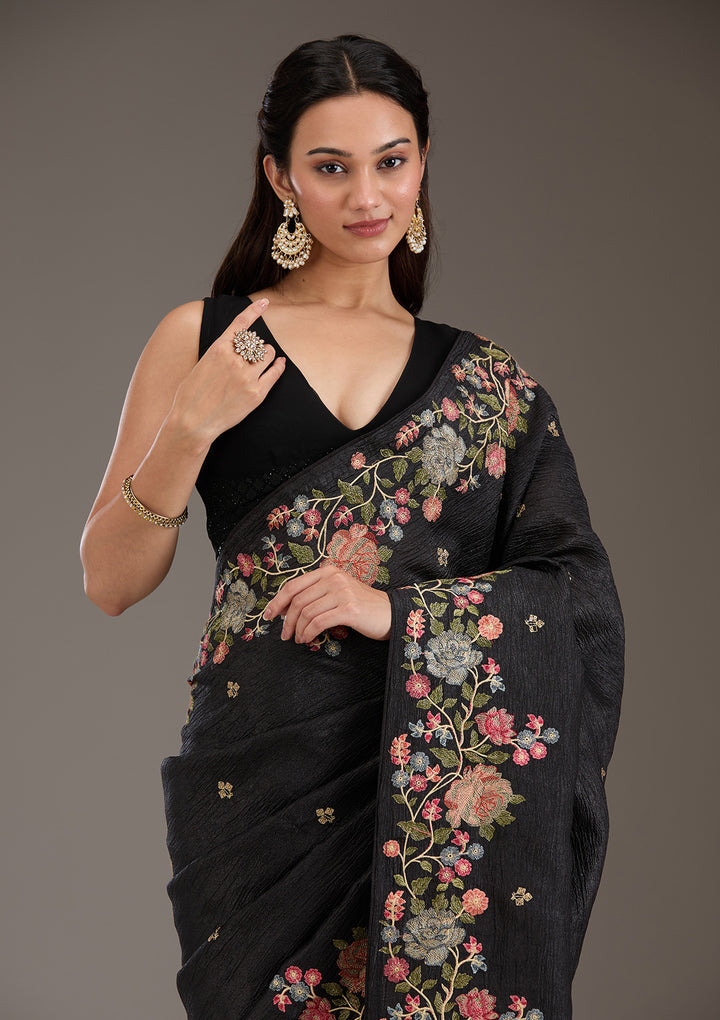 Black Threadwork Tissue Saree