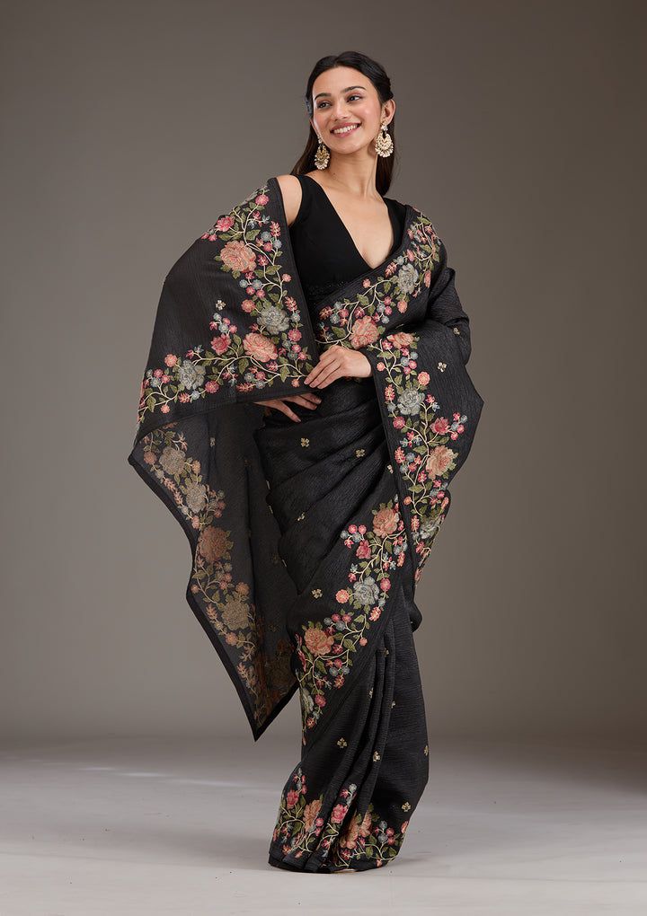 Black Threadwork Tissue Saree