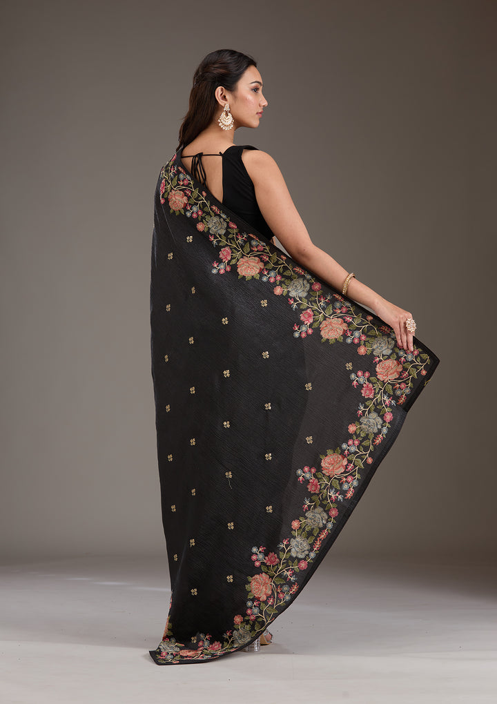 Black Threadwork Tissue Saree