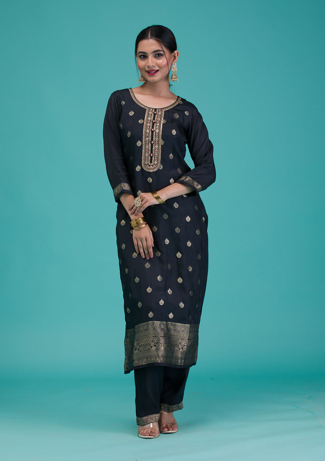 Black Zariwork Crepe Readymade Salwar Suit